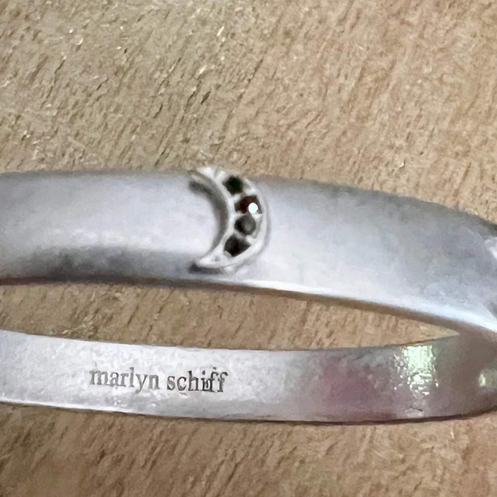 NEW MARLYN SCHIFF Crystal Moon Dance Hinged Bangle Bracelet in Silver Tone 7.25”